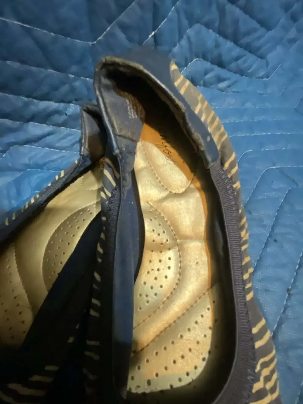 Dexflex Comfort Navy and Beige Striped Ballet Flats with Brown Buckle Strap